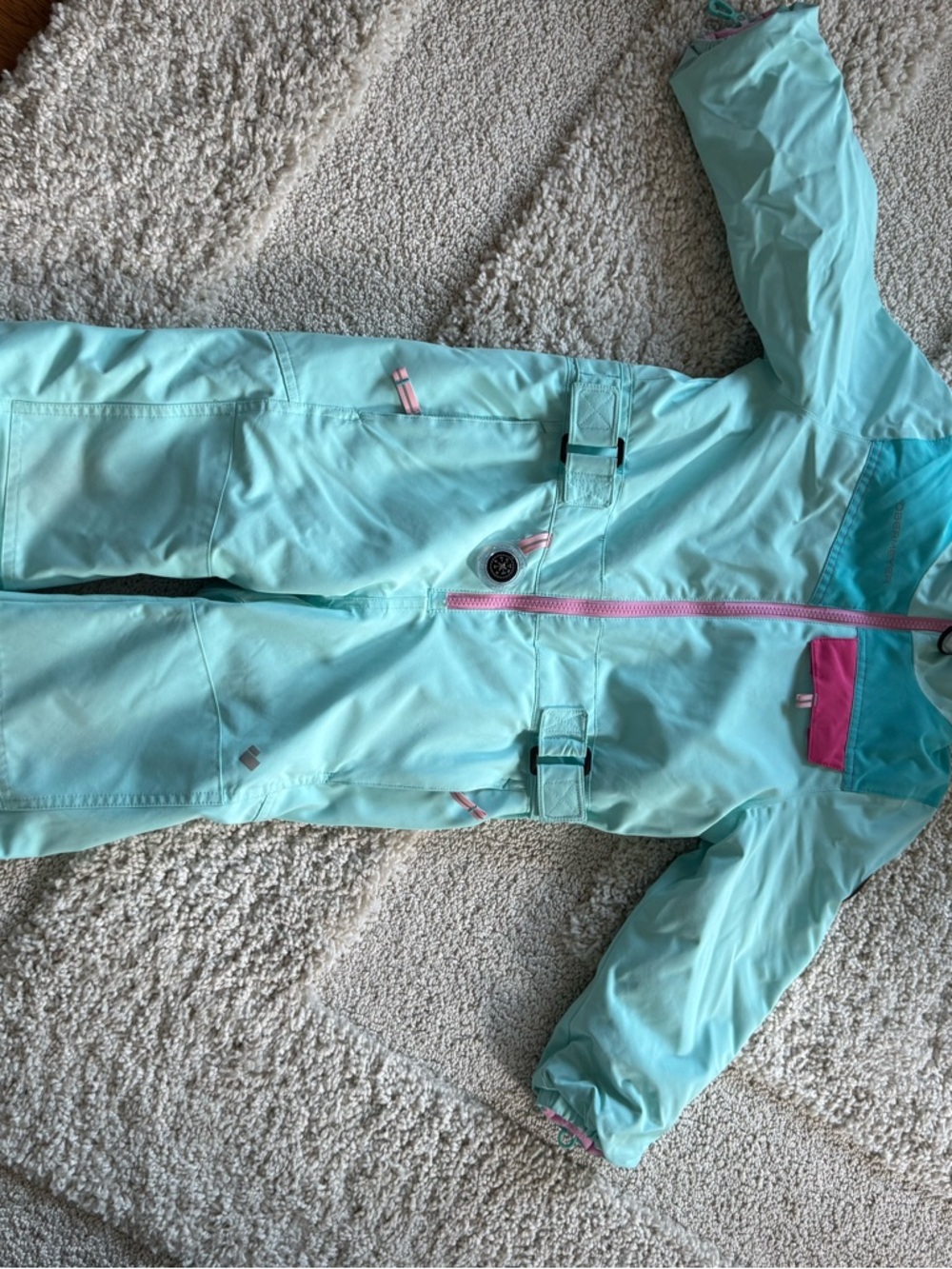 Girls' Obermeyer Aqua One-Piece Snow Suit with Pink Trim